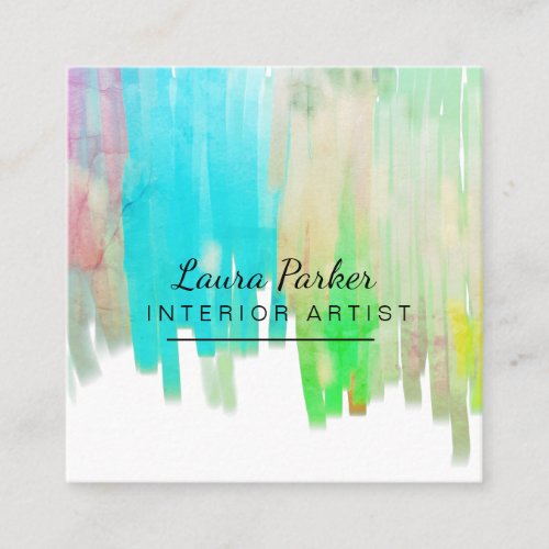 Teal Blue Modern Paint Watercolor Minimal Artist Square Business Card