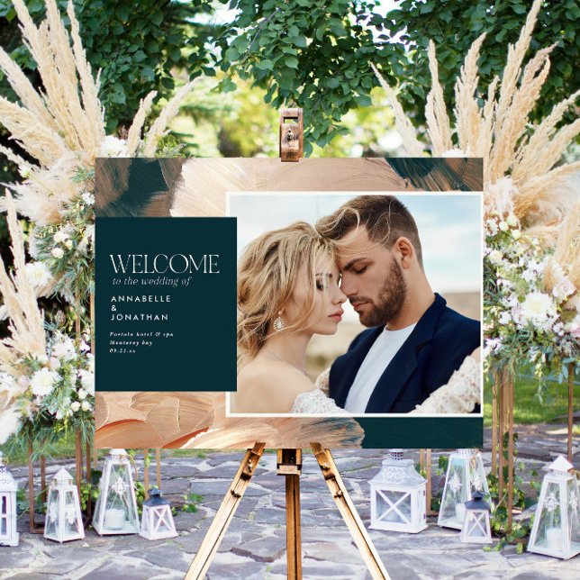 Teal blue modern painterly 1 photo wedding welcome foam board (Creator Uploaded)