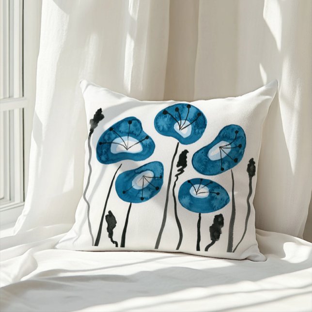 Teal Blue Modern Poppy Painting Throw Pillow (Creator Uploaded)