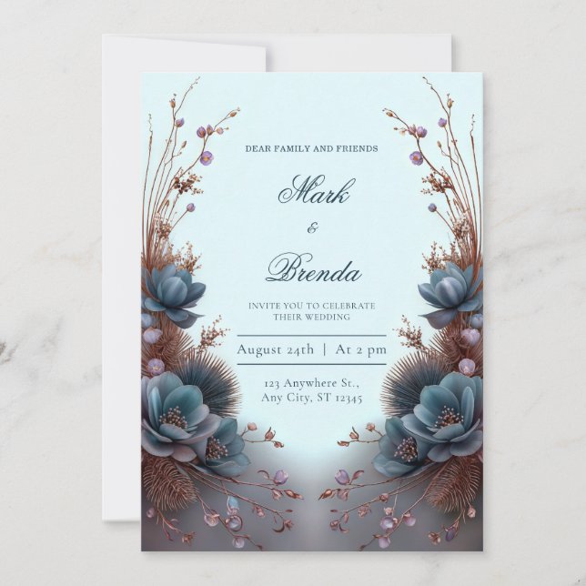 Teal Blue Modern Symmetrical Botanical Wedding Invitation (Front)