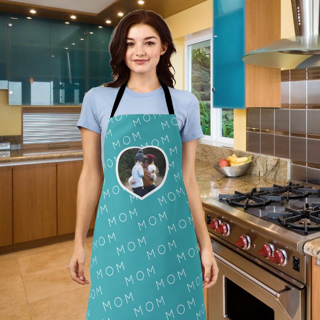 Teal Blue Mom  Modern Script Photo Heart Apron (Creator Uploaded)