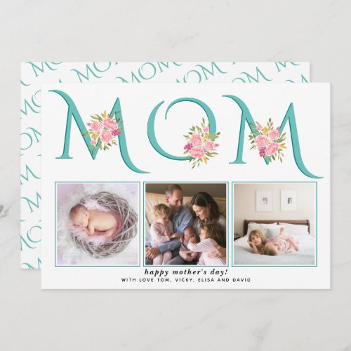 Teal blue MOM typography photo Mothers Day Holiday Card