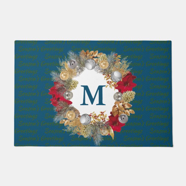 Teal Blue MONOGRAM Christmas Wreath Doormat (Front)