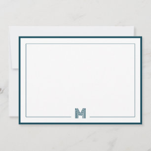 Teal Blue Monogram Double Border Stationery Note Card