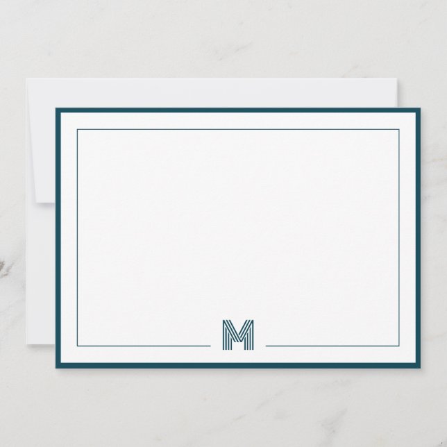 Teal Blue Monogram Double Border Stationery Note Card (Front)
