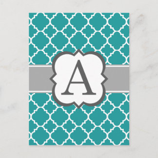 Teal Blue Monogram Letter A Quatrefoil Postcard