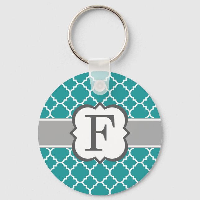 Teal Blue Monogram Letter F Quatrefoil Keychain (Front)