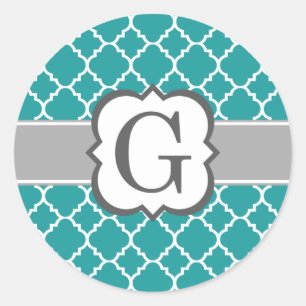 Teal Blue Monogram Letter G Quatrefoil Classic Round Sticker