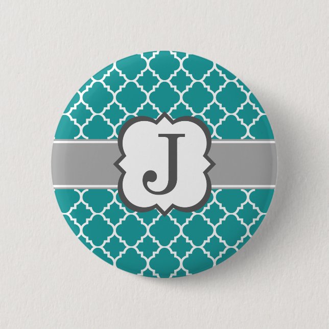Teal Blue Monogram Letter J Quatrefoil Pinback Button (Front)
