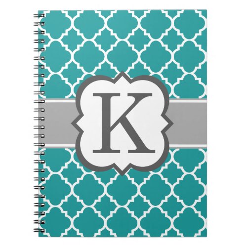 Teal Blue Monogram Letter K Quatrefoil Notebook