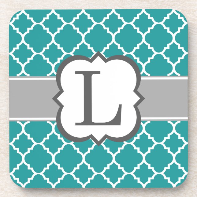 Teal Blue Monogram Letter L Quatrefoil Drink Coaster (Front)
