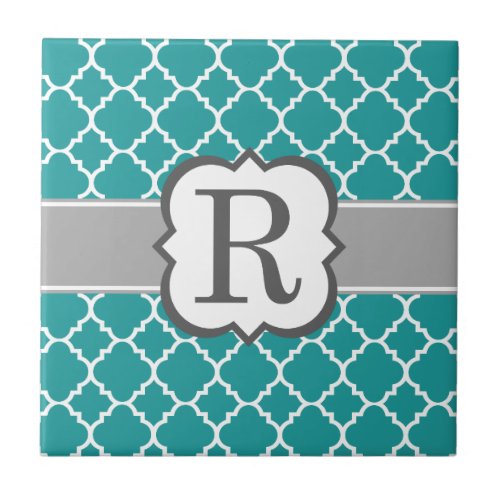 Teal Blue Monogram Letter R Quatrefoil Ceramic Tile