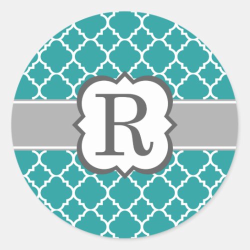 Teal Blue Monogram Letter R Quatrefoil Classic Round Sticker