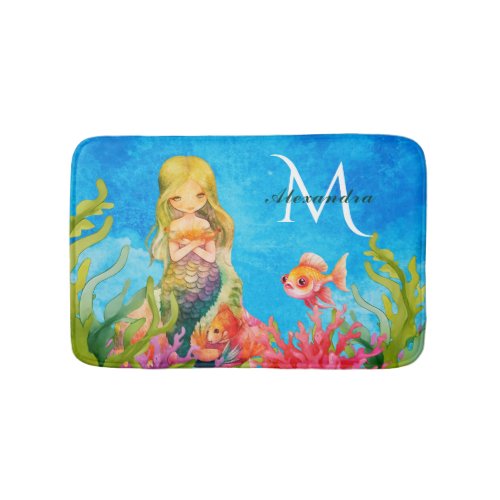 Teal Blue  Monogram Name  Mermaid Bath Mat