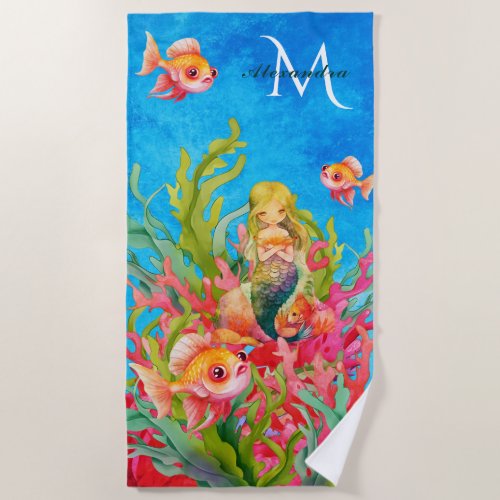 Teal Blue Monogram Name Mermaid Beach Towel