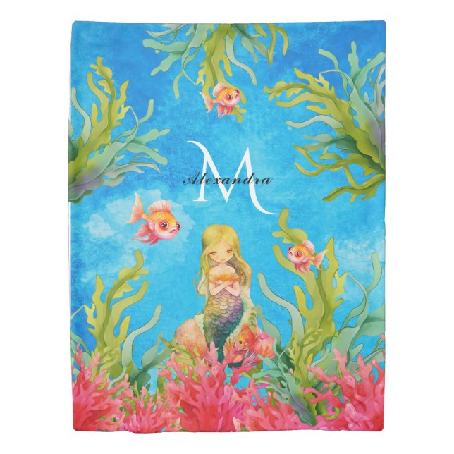 Teal Blue Monogram Name Mermaid Duvet Cover (Front)
