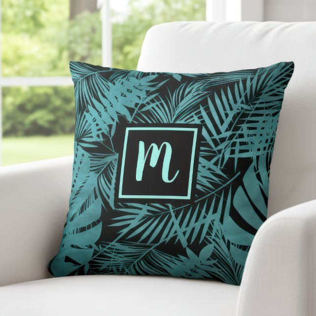 Teal blue monogram tropical palm leaf pattern bold throw pillow (Creator Uploaded)