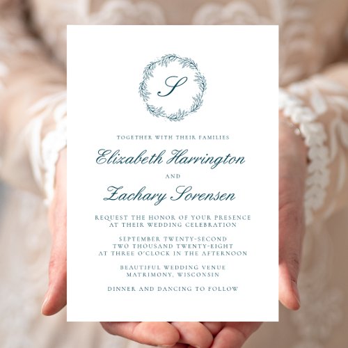 Teal Blue Monogram Wreath Script Wedding Invitation
