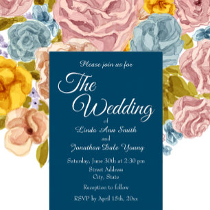 Teal Blue Monotone Simple Style Wedding Foil Invitation