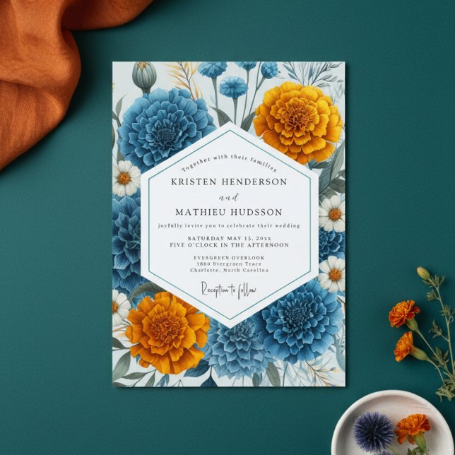 Teal Blue Moody Floral Wedding Invitation (Creator Uploaded)