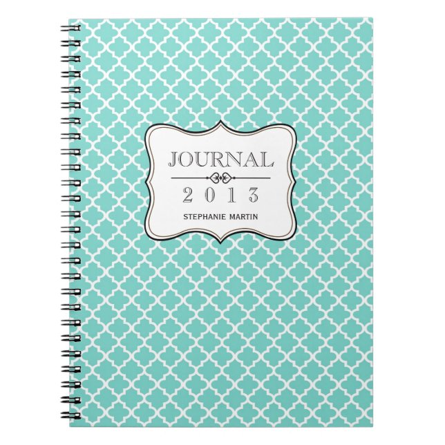 Teal blue Moroccan tile personalized journal (Front)