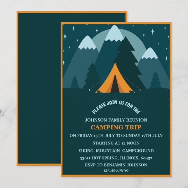 Teal Blue Mountains &Tent Camping Family Reunion Invitation (Front/Back)