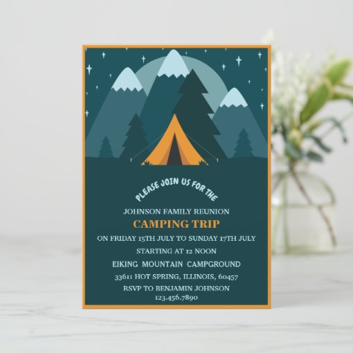 Teal Blue Mountains &Tent Camping Family Reunion Invitation | Zazzle