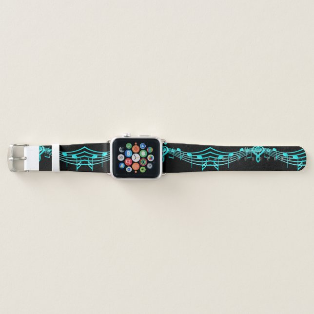 Teal Blue Musical Staff on Black Apple Watch Band (Front)
