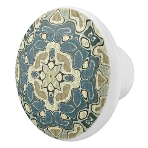 Teal Blue Mustard Green Ochre Ethnic Tribe Art Ceramic Knob