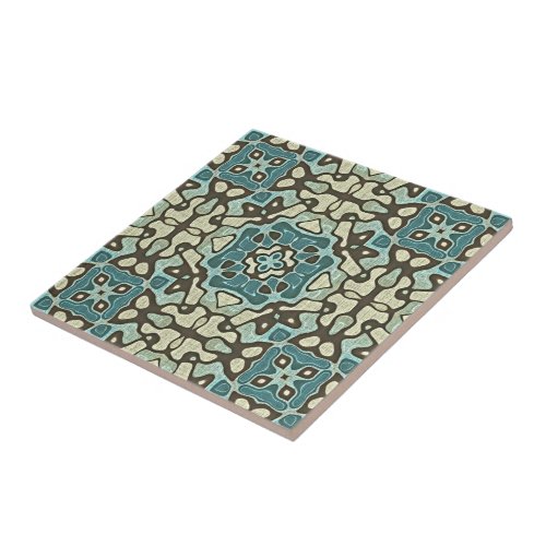 Teal Blue Mustard Green Ochre Ethnic Tribe Art Ceramic Tile