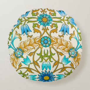 Teal Blue & Mustard William Morris Vine Arts Round Pillow