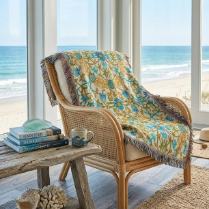 Teal Blue & Mustard William Morris Vine Arts Throw Blanket