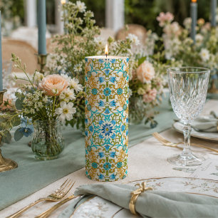 Teal Blue & Mustard William Morris Vine Botanical Pillar Candle