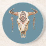 Teal Blue Native Tribal Bull Horns Skull   Coaster