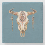 Teal Blue Native Tribal Bull Horns Skull   Stone Coaster
