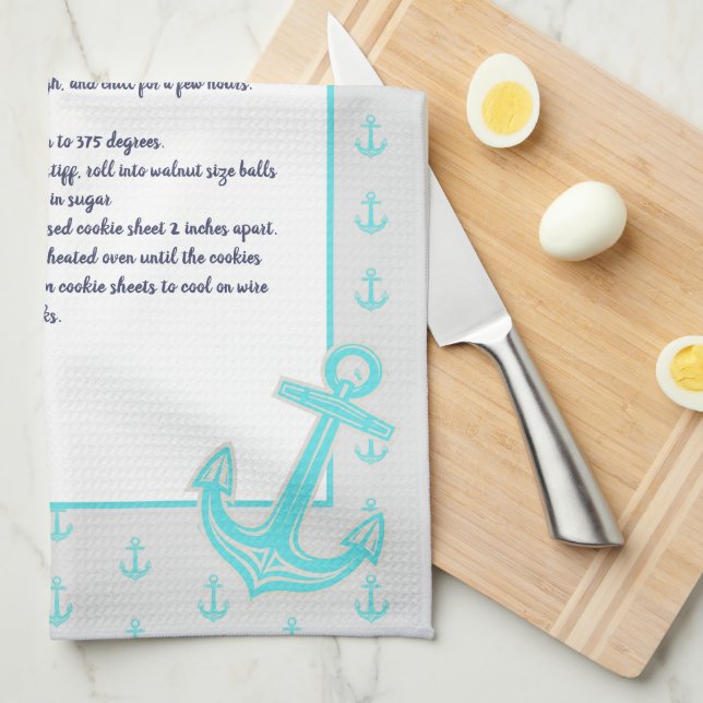 Teal Blue Nautical Anchor Recipe keepsake  Kitchen Towel (Quarter Fold)