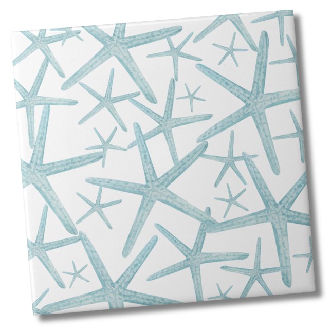Teal Blue Nautical Beach Pattern Ceramic Tile (Teal Nautical Starfish Sea Shell Beach Pattern Ceramic Tile)