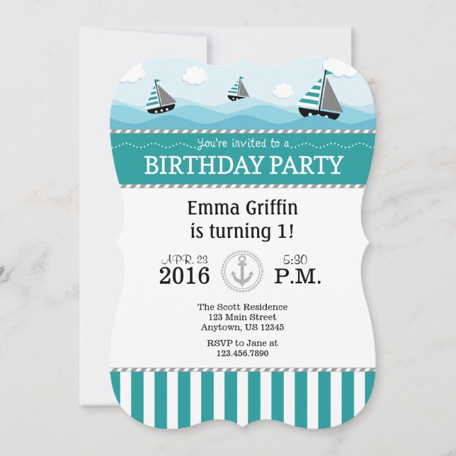 Teal Blue Nautical Birthday Invitation (Front)