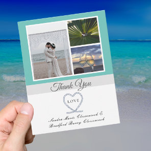 Teal Blue Nautical Heart Anchor Wedding Photo Thank You Card