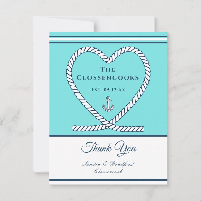 Teal Blue Nautical Rope Heart Anchor Wedding Thank You Card (Front)