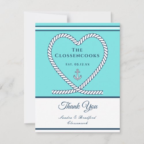 Teal Blue Nautical Rope Heart Anchor Wedding Thank You Card