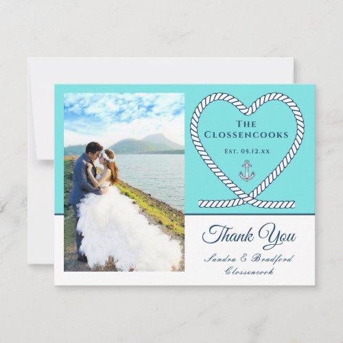 Teal Blue  Nautical rope Heart Anchor Wedding Thank You Card