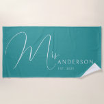 Teal Blue Newlyweds Name Personalized Honeymoon Beach Towel<br><div class="desc">Celebrate your love in style with this personalized beach towel for adults, featuring the newlyweds' names in an elegant, modern design. Perfect for a honeymoon beach trip, anniversary getaway, or romantic vacation, this soft and vibrant towel is a must-have for couples who love to travel together. Designed with a teal...</div>