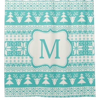 Teal Blue Nordic Knitted Pattern Monogram Initial Shower Curtain by ShowerCurtain101 at Zazzle
