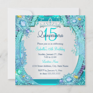 Teal Blue Ocean Gems Quinceanera Birthday Photo Invitation