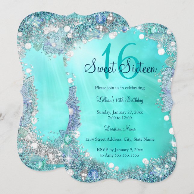 Teal Blue Ocean Pearls Sweet 16 Birthday Party Invitation (Front/Back)