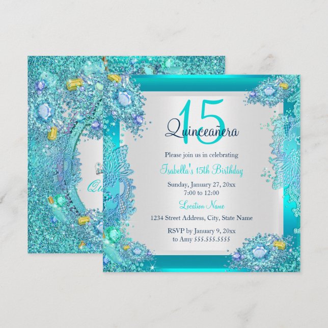 Teal Blue Ocean Quinceanera 15th Birthday Invitation (Front/Back)