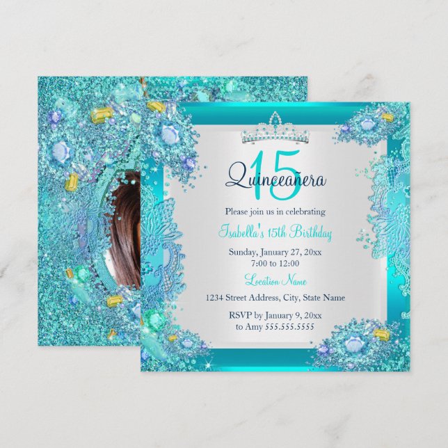 Teal Blue Ocean Quinceanera 15th Birthday Photo Invitation (Front/Back)