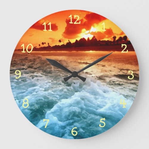 Teal Blue Ocean Surf Orange Sunset Large Clock
