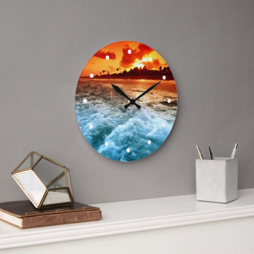 Teal Blue Ocean Surf Orange Sunset Large Clock